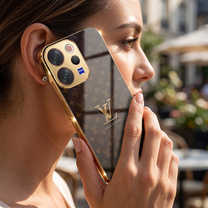 Vivo V70 5G LV Brown Monogram Gold Electroplated Glass Phone Back Case