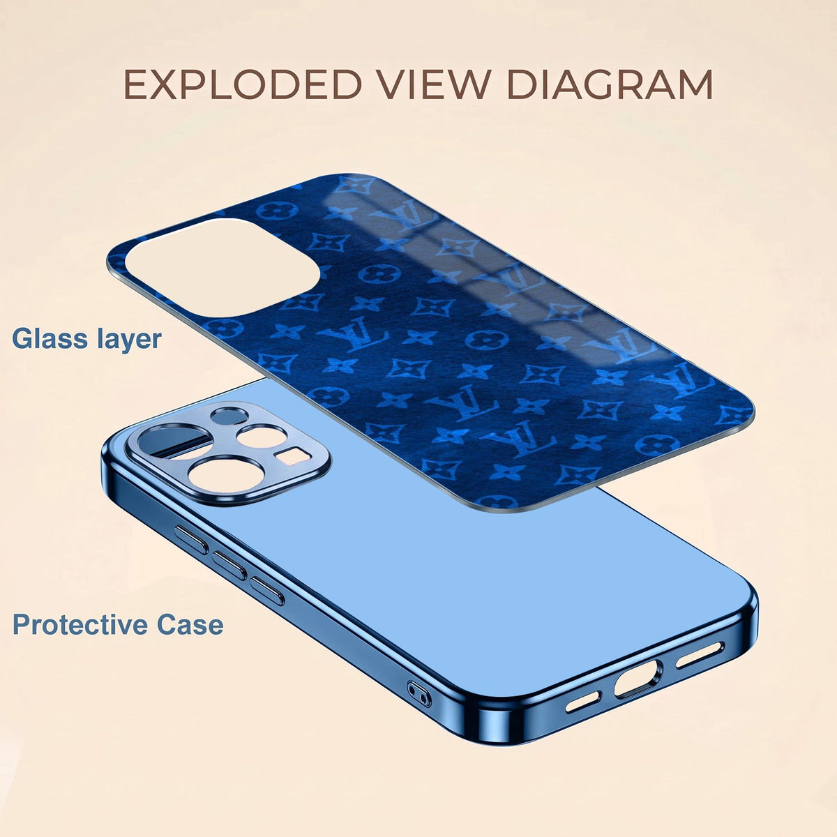 Vivo V70 5G Luxury Monogram Blue Electroplated Glass Phone Back Case
