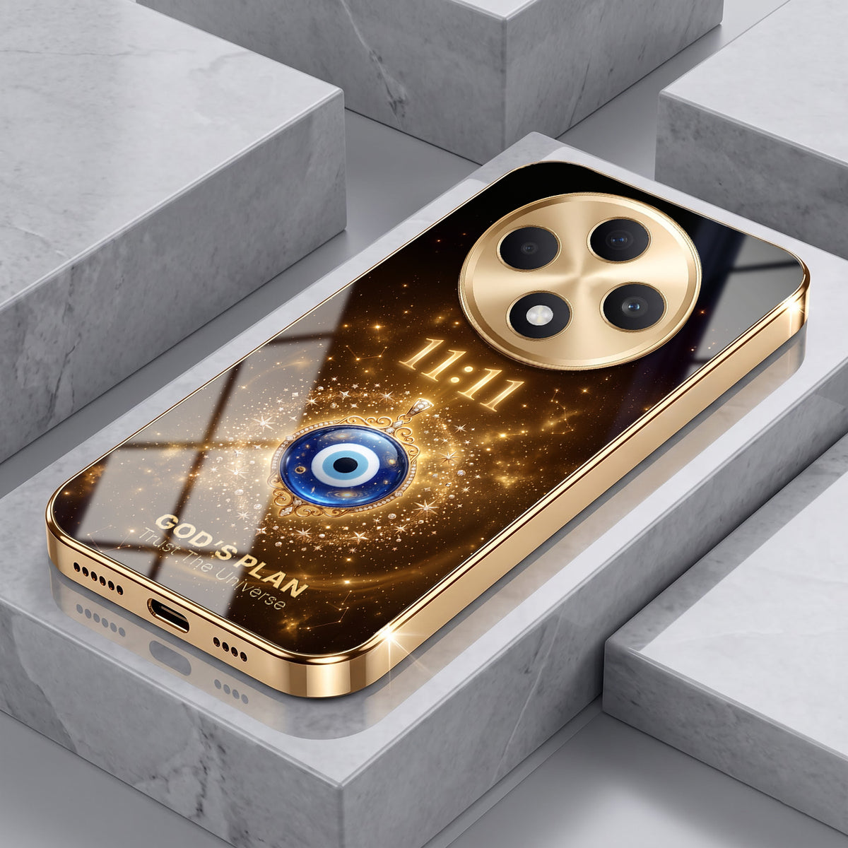 Oppo F27 5G God’s Plan Evil Eye Gold Electroplated Glass Phone Back Case