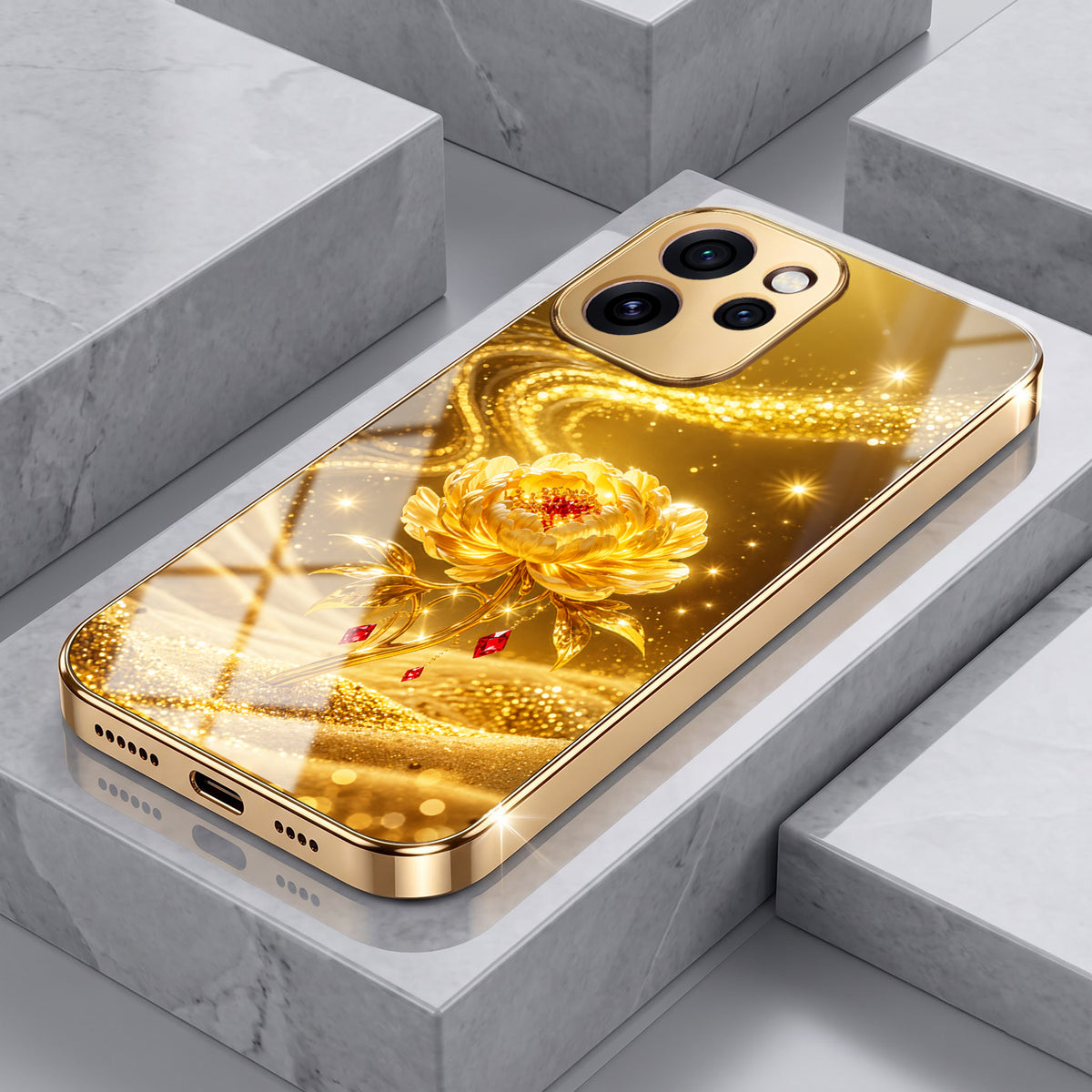 Oppo Reno 15 Pro Mini 5G Golden Rose Elegance Gold Electroplated Glass Phone Back Case