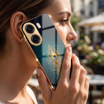 Oppo K14x 5G Golden Peacock Feather Gold Electroplated Glass Phone Back Case