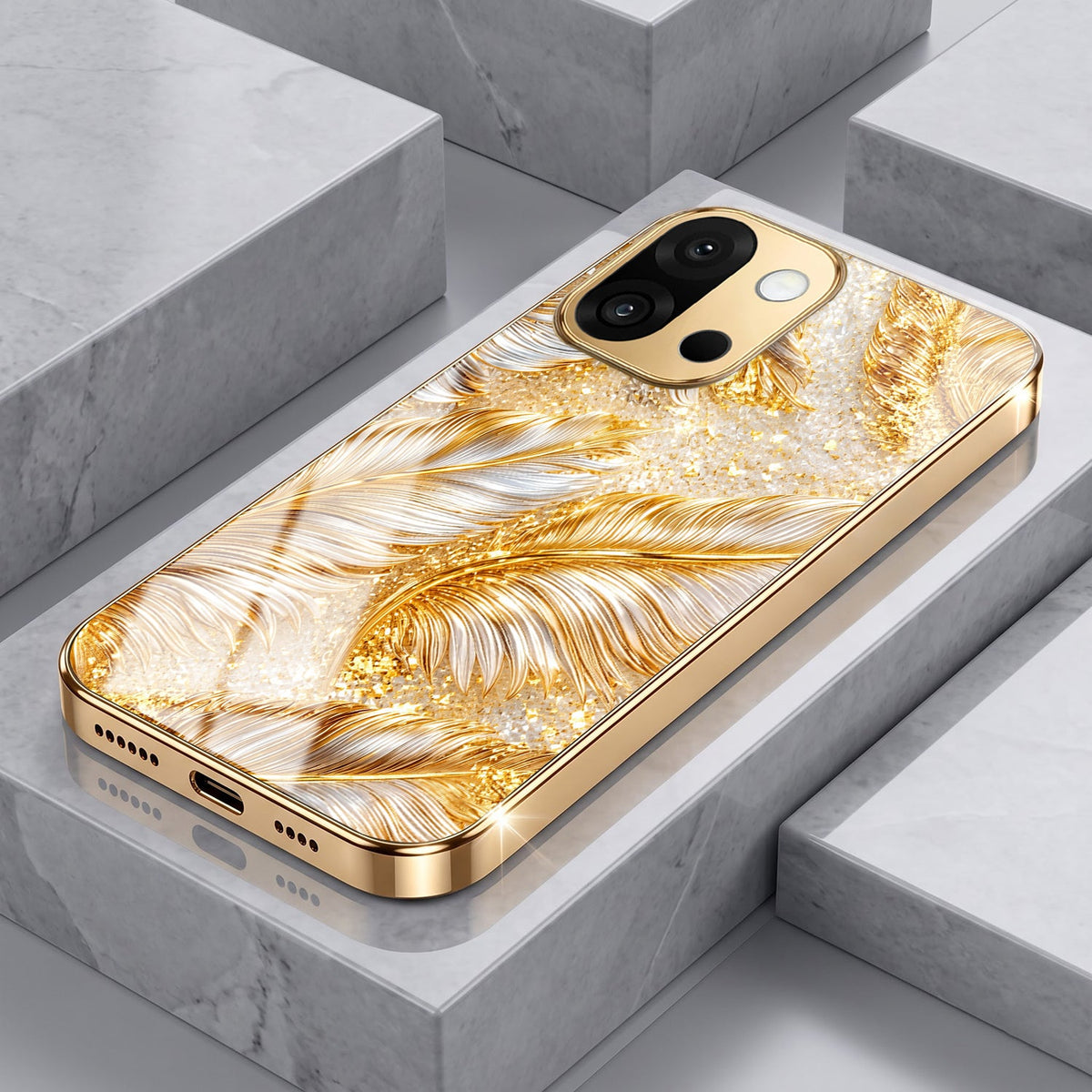 OnePlus 13s 5G Golden Feather Marble Gold Electroplated Glass Phone Back Case
