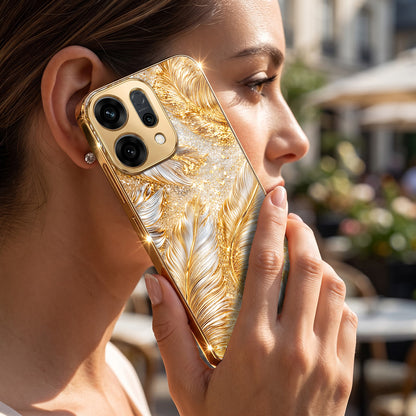 Oppo Reno 14 5G Golden Feather Marble Gold Electroplated Glass Phone Back Case