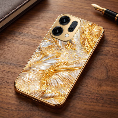 Oppo Reno 14 5G Golden Feather Marble Gold Electroplated Glass Phone Back Case