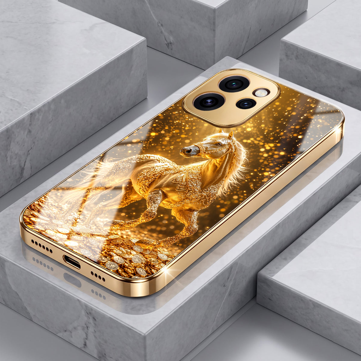 Oppo Reno 15 Pro Mini 5G Golden Horse Sparkle Gold Electroplated Glass Phone Back Case
