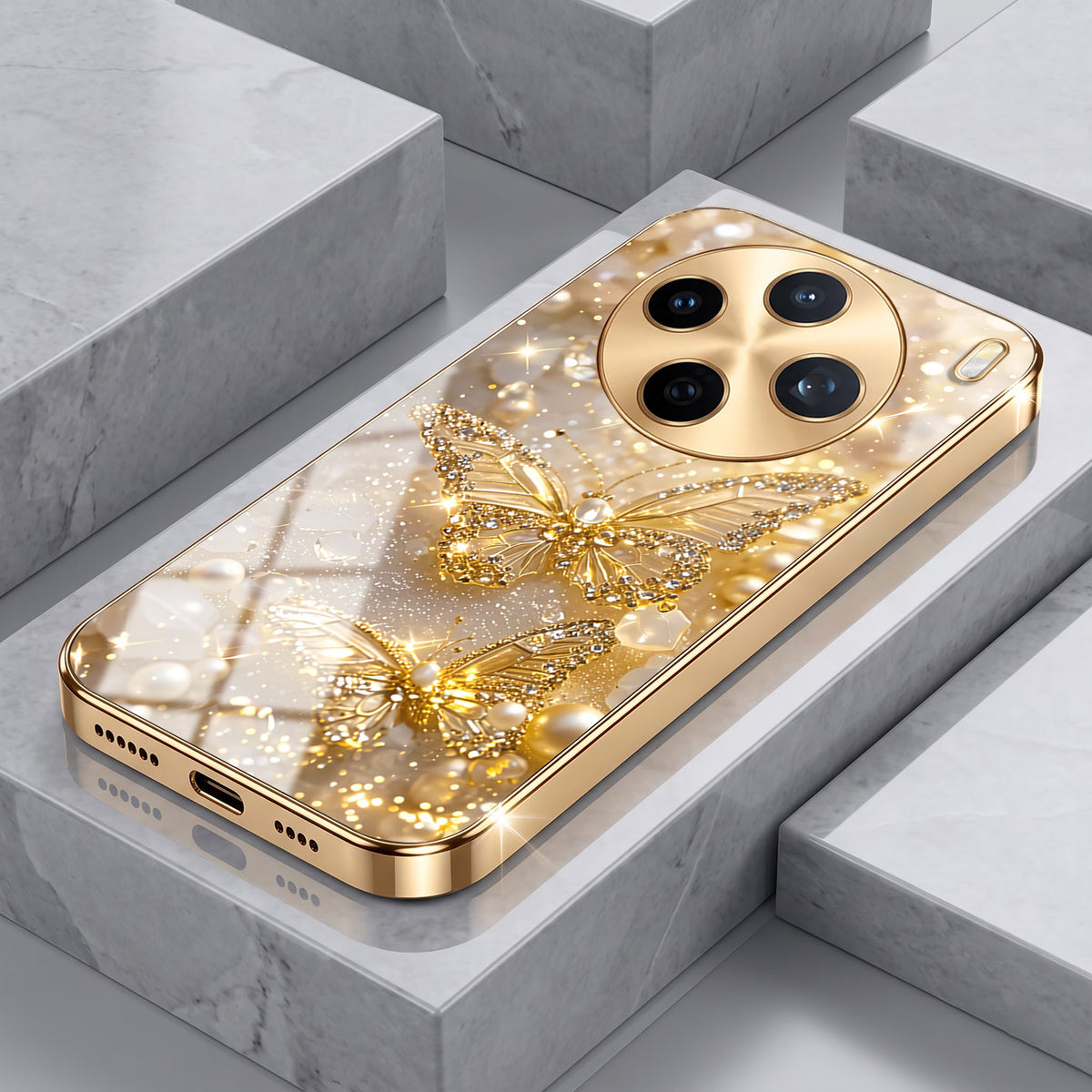 Vivo X200T 5G Golden Butterfly Gold Electroplated Glass Phone Back Case