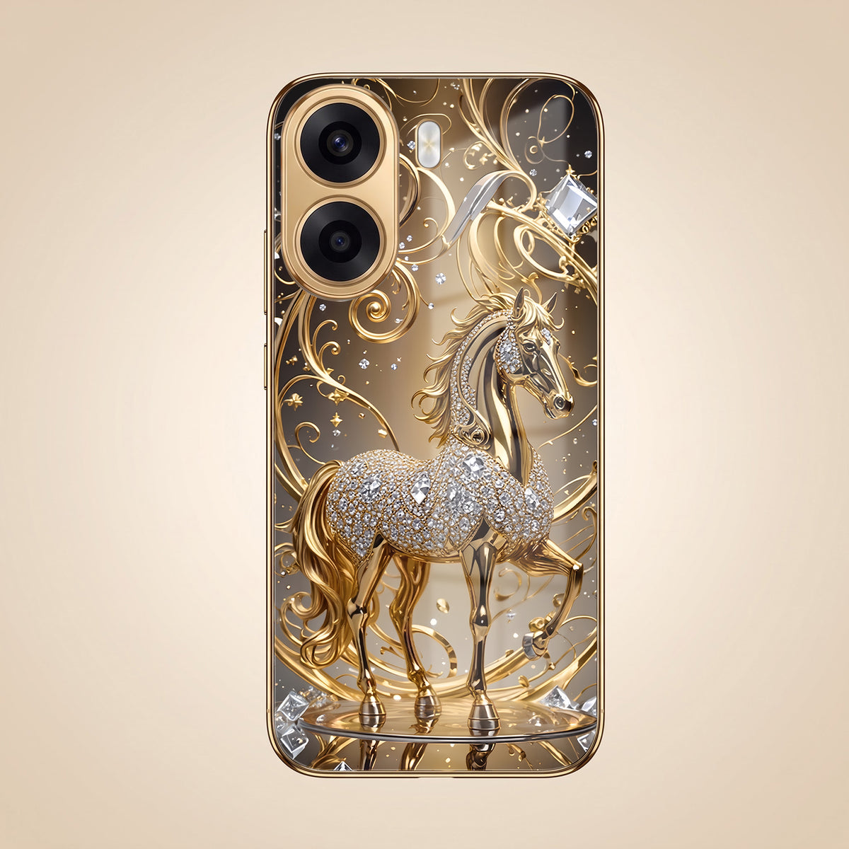 Oppo K14x 5G Luxury Horse Texture Gold Electroplated Glass Phone Back Case