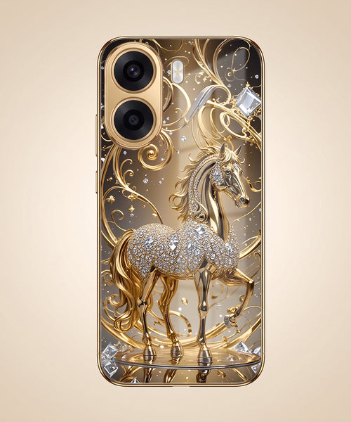 Oppo K14x 5G Luxury Horse Texture Gold Electroplated Glass Phone Back Case