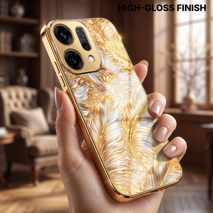 Oppo Reno 14 5G Golden Feather Marble Gold Electroplated Glass Phone Back Case
