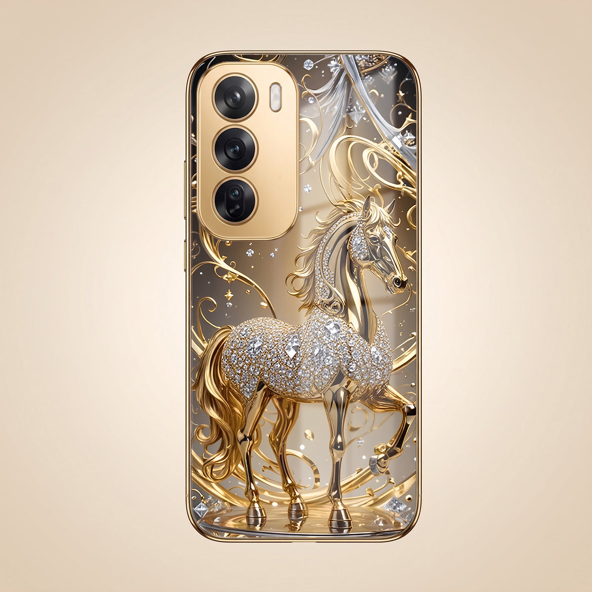 Oppo Reno 12 Pro 5G Luxury Horse Texture Gold Electroplated Glass Phone Back Case