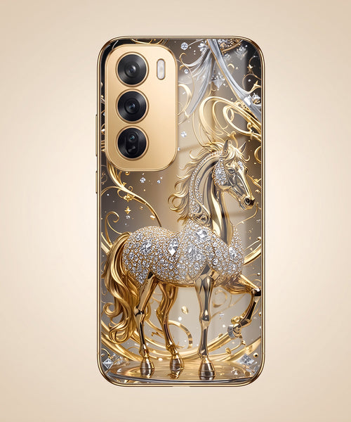 Oppo Reno 12 Pro 5G Luxury Horse Texture Gold Electroplated Glass Phone Back Case