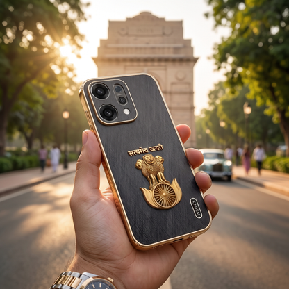 Oppo Reno 14 Satyamev Jayate 3D Electroplated Frame Gold Thread Pattern Hard Back Case