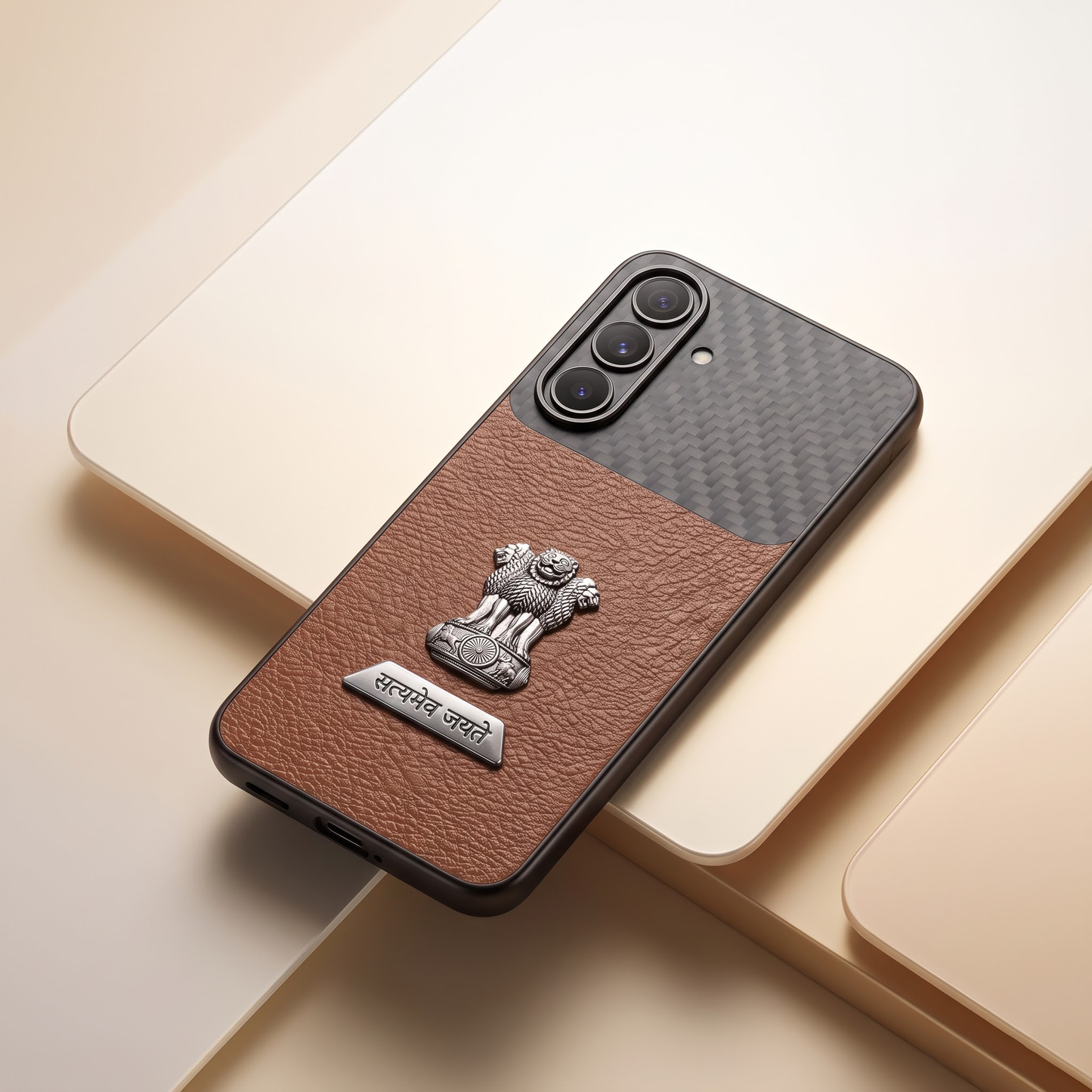 Samsung Galaxy A27 5G Satyamev Jayate 2-in-1 Emblem Carbon Fiber Leather Phone Case