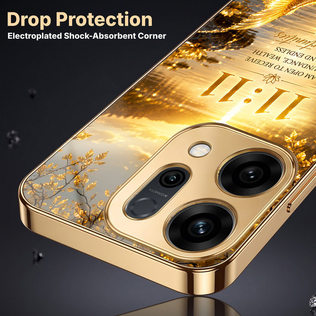 Oppo Reno 14 5G 11:11 Manifestation Gold Electroplated Glass Phone Back Case