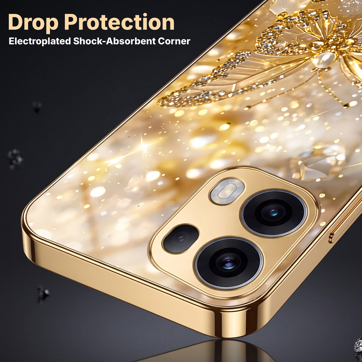 Oppo Reno 13 Pro 5G Golden Butterfly Gold Electroplated Glass Phone Back Case