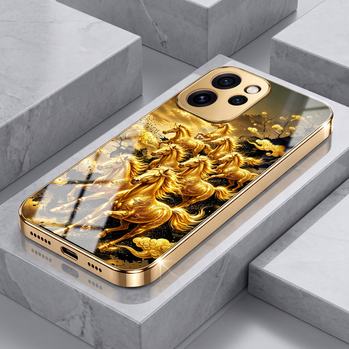 Oppo Reno 15 Pro Mini 5G Horses Royal Glory Gold Electroplated Glass Phone Back Case