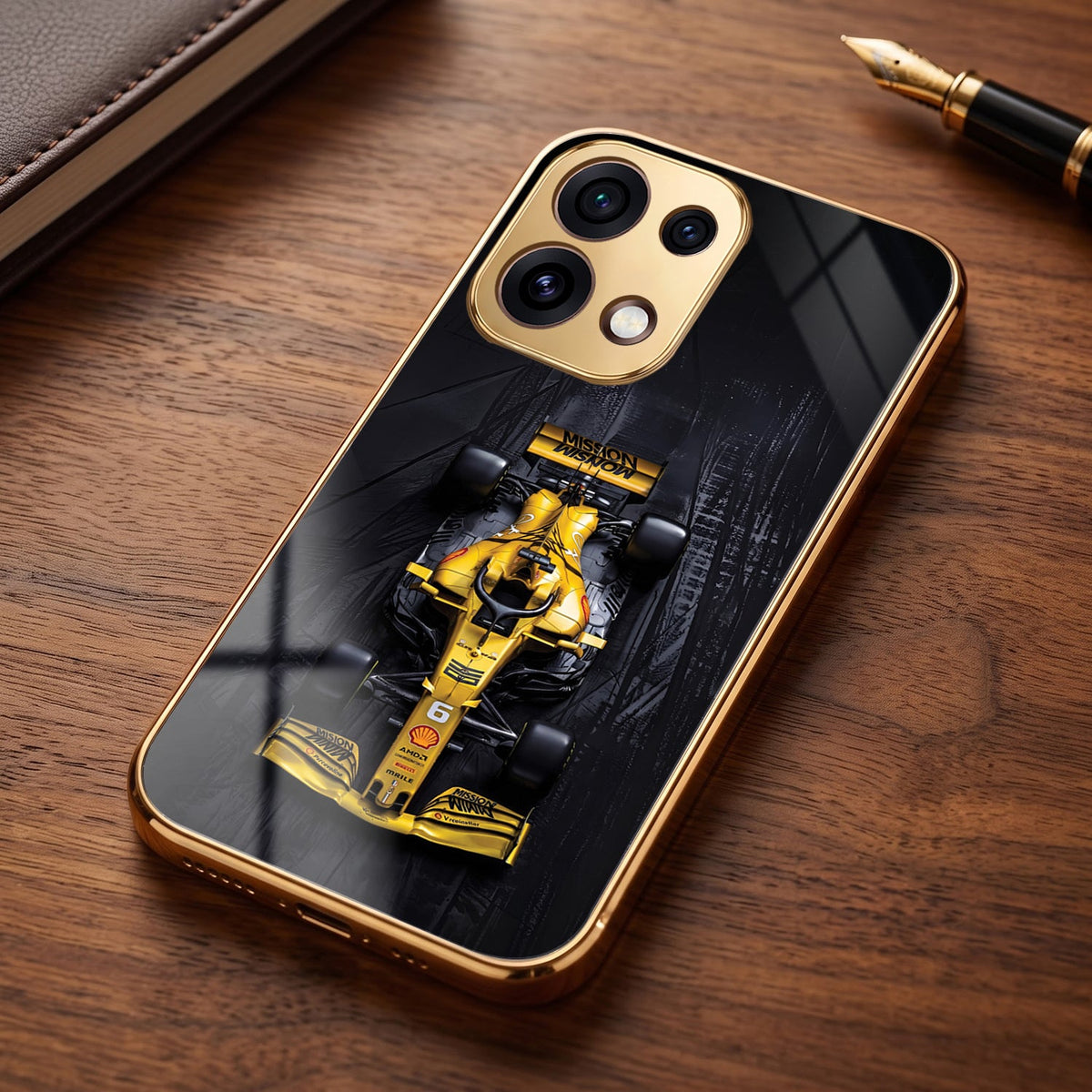 Oppo Reno 16C 5G F1 Racing Car Gold Electroplated Glass Phone Back Case