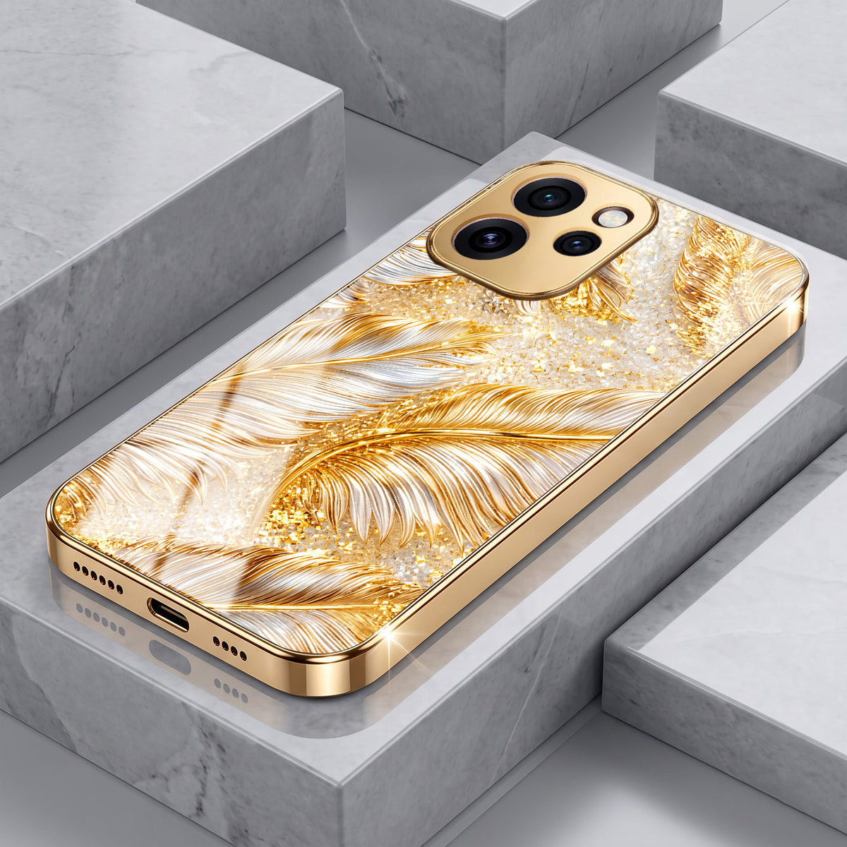 Oppo Reno 15 Pro Mini 5G Golden Feather Marble Gold Electroplated Glass Phone Back Case