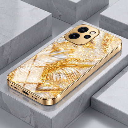 Oppo Reno 15 Pro Mini 5G Golden Feather Marble Gold Electroplated Glass Phone Back Case