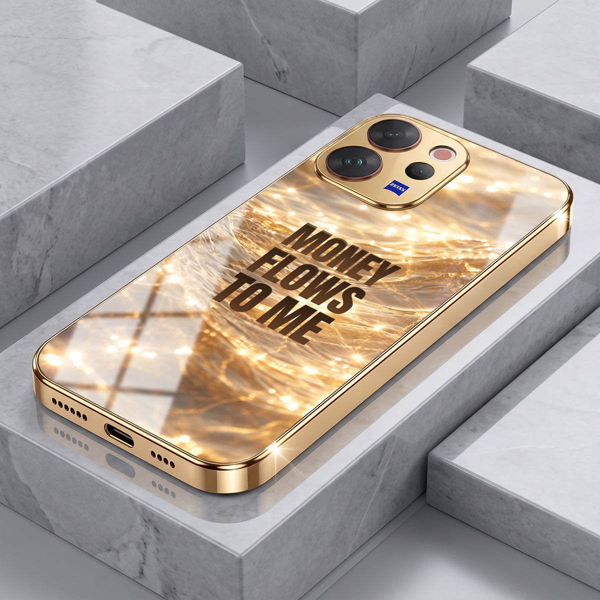 Vivo V70 5G Money Flows To Me Gold Electroplated Glass Phone Back Case