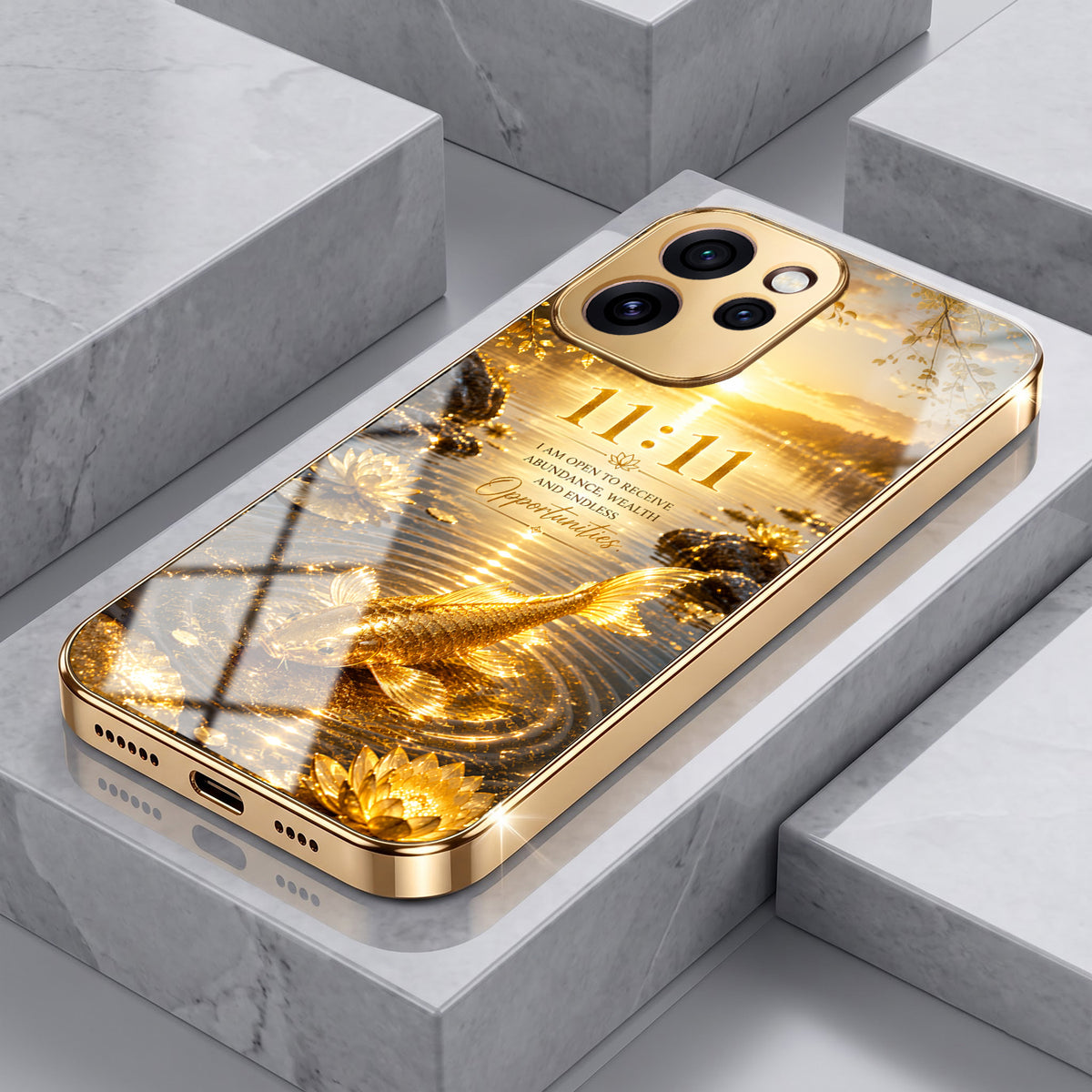 Oppo Reno 15 Pro Mini 5G 11:11 Manifestation Gold Electroplated Glass Phone Back Case