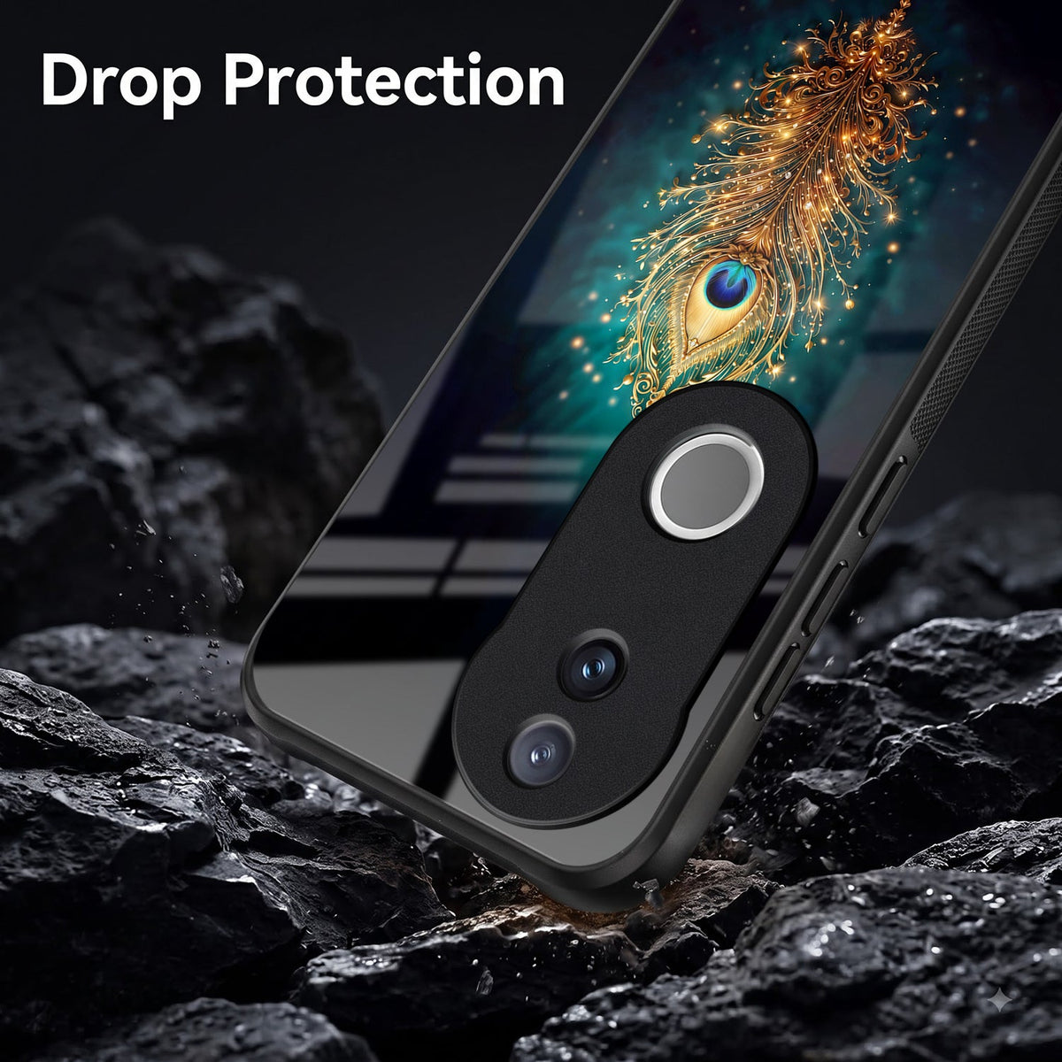 Vivo V50 5G Golden Peacock Feather Acrylic Glass Back Case