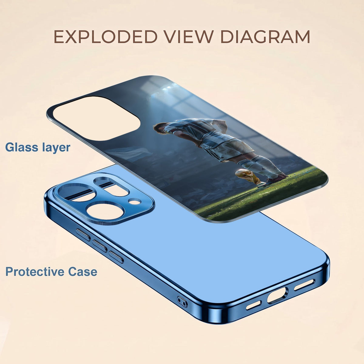 Oppo Reno 14 5G Football Champion Blue Electroplated Glass Phone Back Case