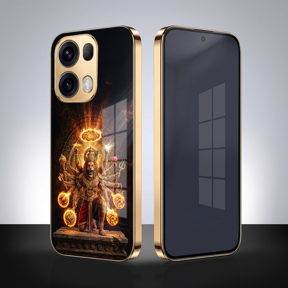 Oppo Reno 13 Pro 5G Lord Narasimha Gold Electroplated Glass Phone Back Case