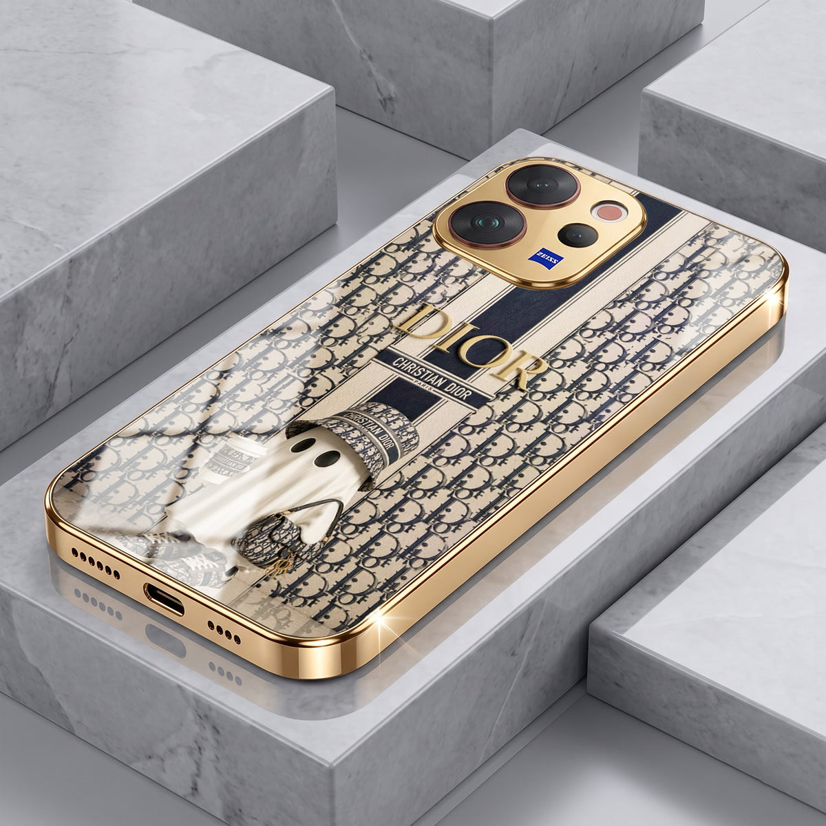 Vivo V70 5G Luxury Dior Gold Electroplated Glass Phone Back Case