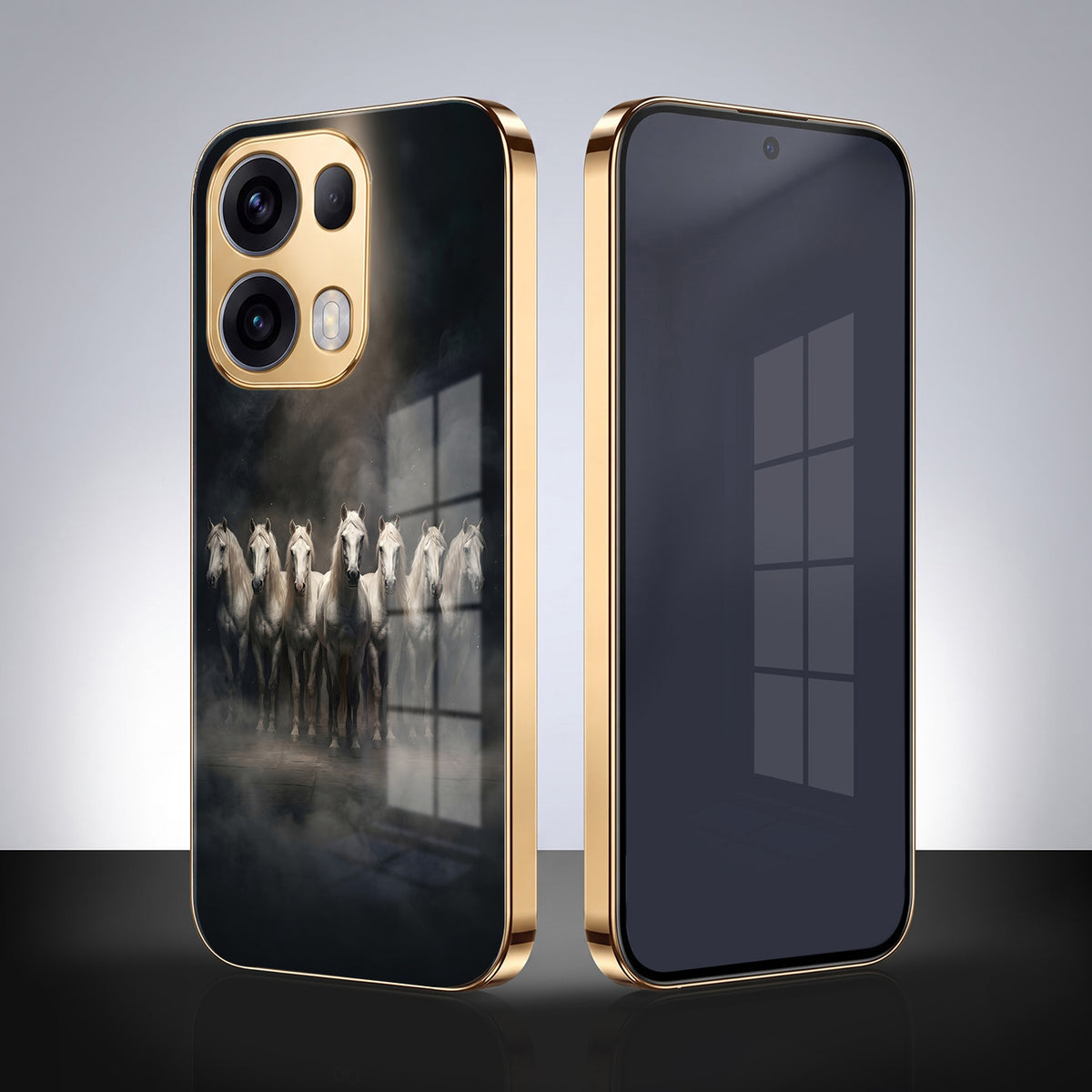 Oppo Reno 13 Pro 5G Running Horses Gold Electroplated Glass Phone Back Case