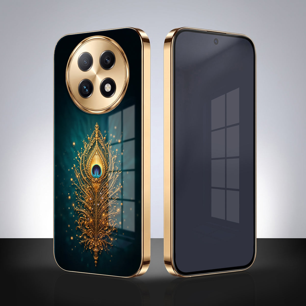 Oppo F29 Pro 5G Golden Peacock Feather Gold Electroplated Glass Phone Back Case