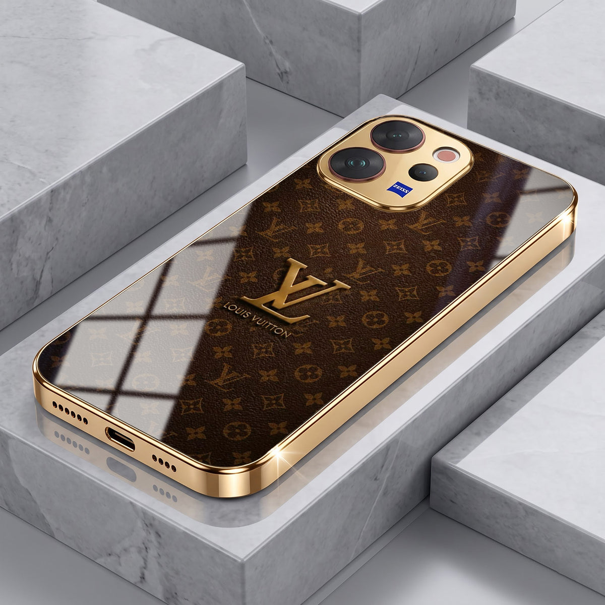 Vivo V70 5G LV Brown Monogram Gold Electroplated Glass Phone Back Case