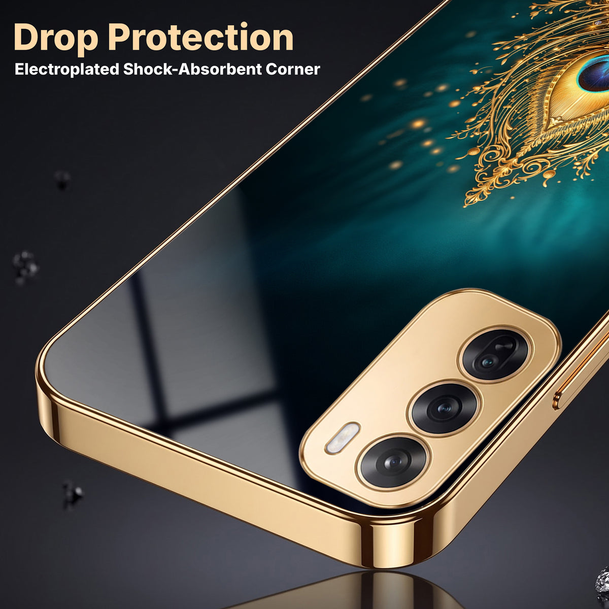 Oppo Reno 12 Pro 5G Golden Peacock Feather Gold Electroplated Glass Phone Back Case