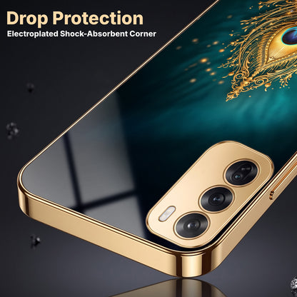 Oppo Reno 12 Pro 5G Golden Peacock Feather Gold Electroplated Glass Phone Back Case
