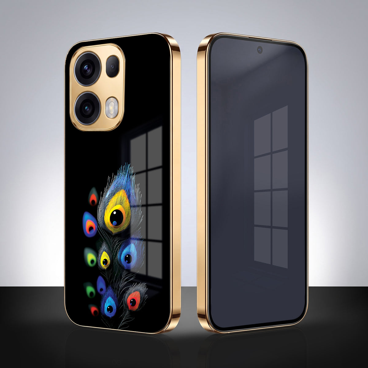 Oppo Reno 13 Pro 5G Multi-Feather Peacock Gold Electroplated Glass Phone Back Case