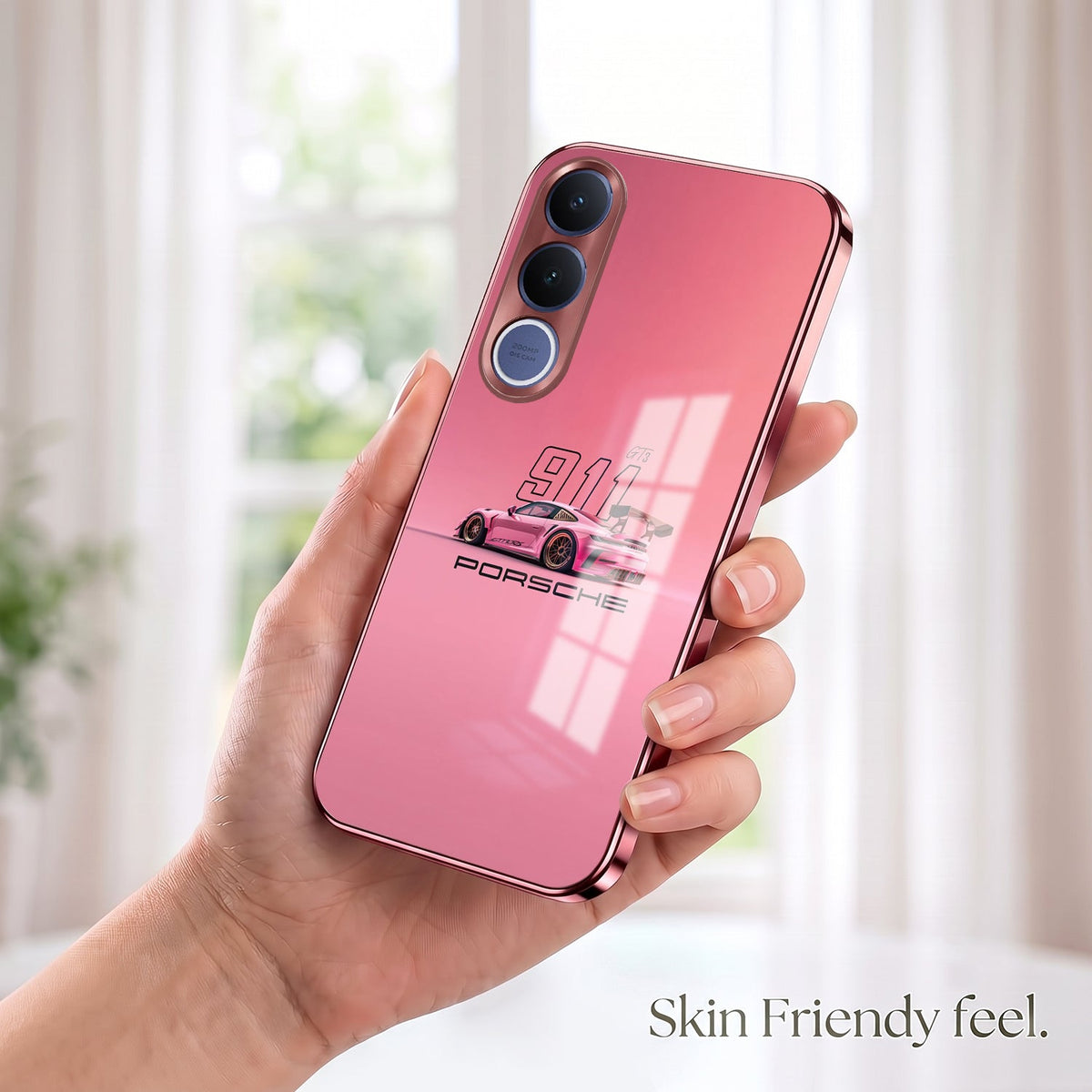 Vivo V70 FE 5G Luxury Porsche 911 Pink Electroplated Glass Phone Back Case