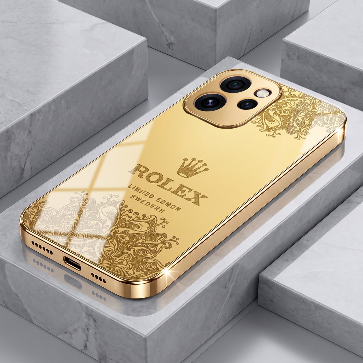 Oppo Reno 15 Pro Mini 5G Rolex Crown Gold Electroplated Glass Phone Back Case