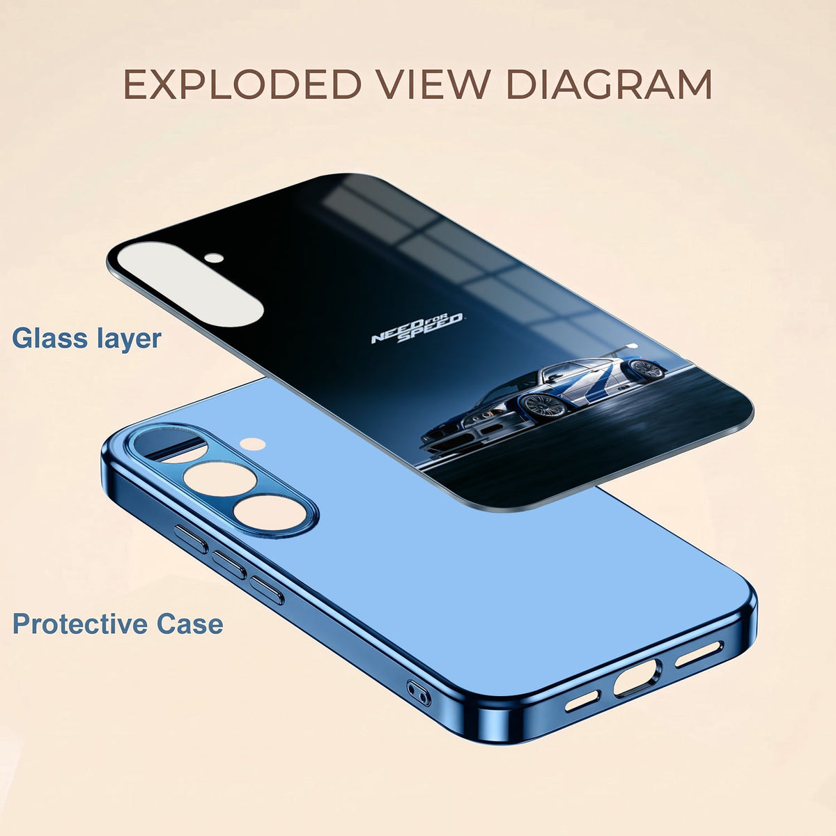 Samsung Galaxy A56 5G Need For Speed Blue Electroplated Glass Phone Back Case
