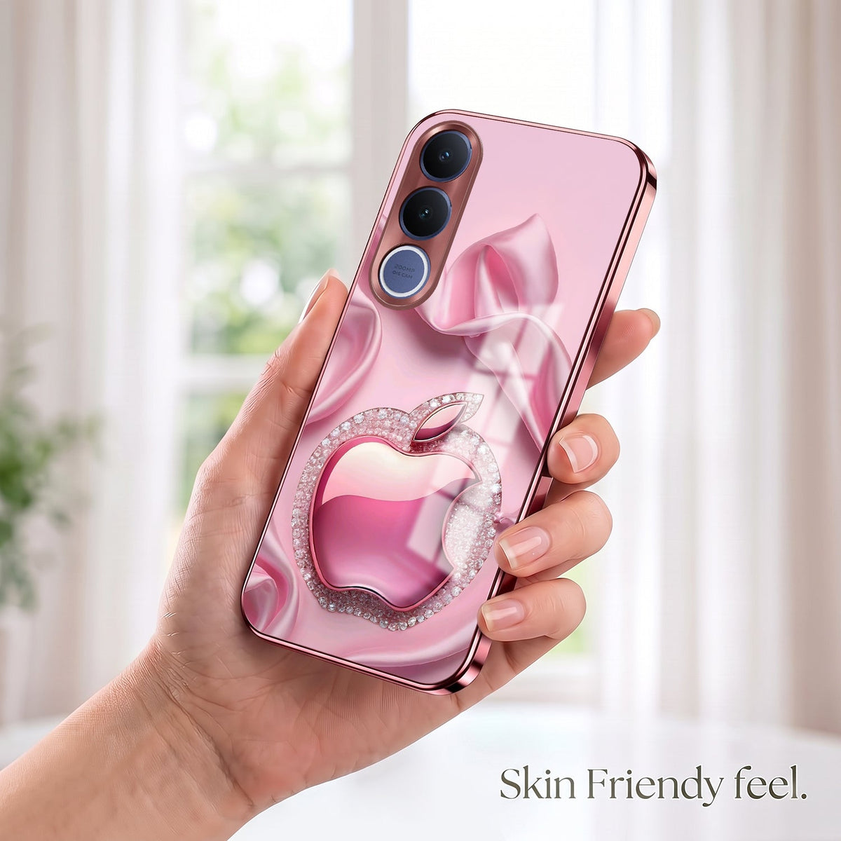 Vivo V70 FE 5G Luxury Apple Logo Pink Electroplated Glass Phone Back Case