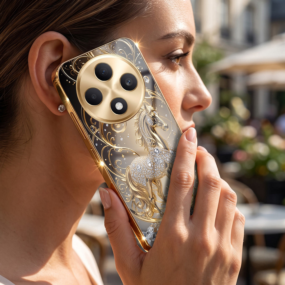 Oppo F27 Pro+ 5G Luxury Horse Texture Gold Electroplated Glass Phone Back Case