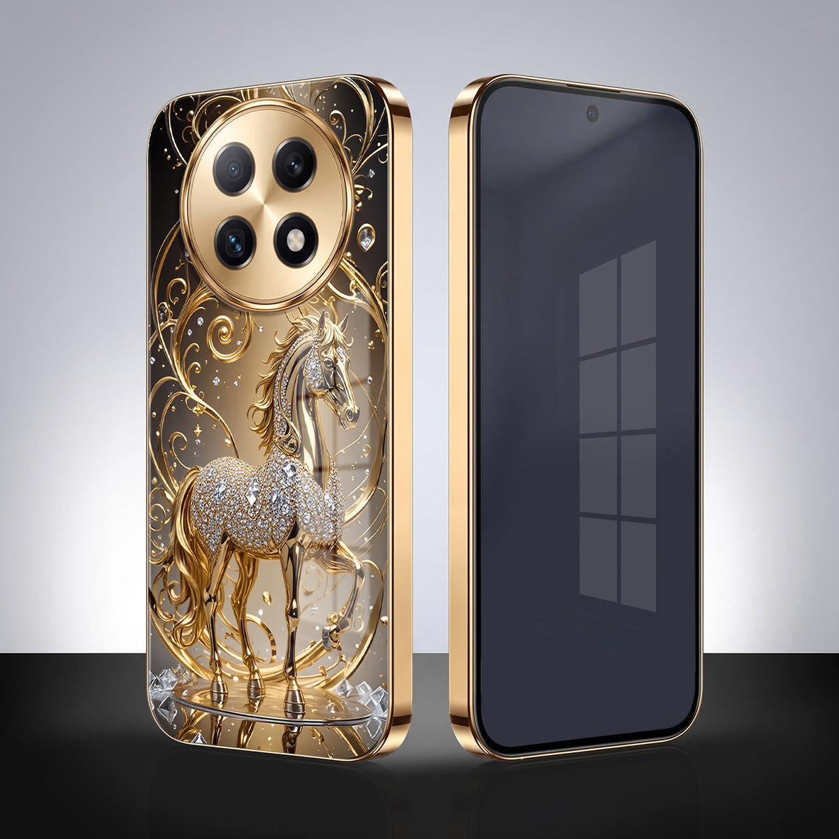Oppo F29 Pro 5G Luxury Horse Texture Gold Electroplated Glass Phone Back Case