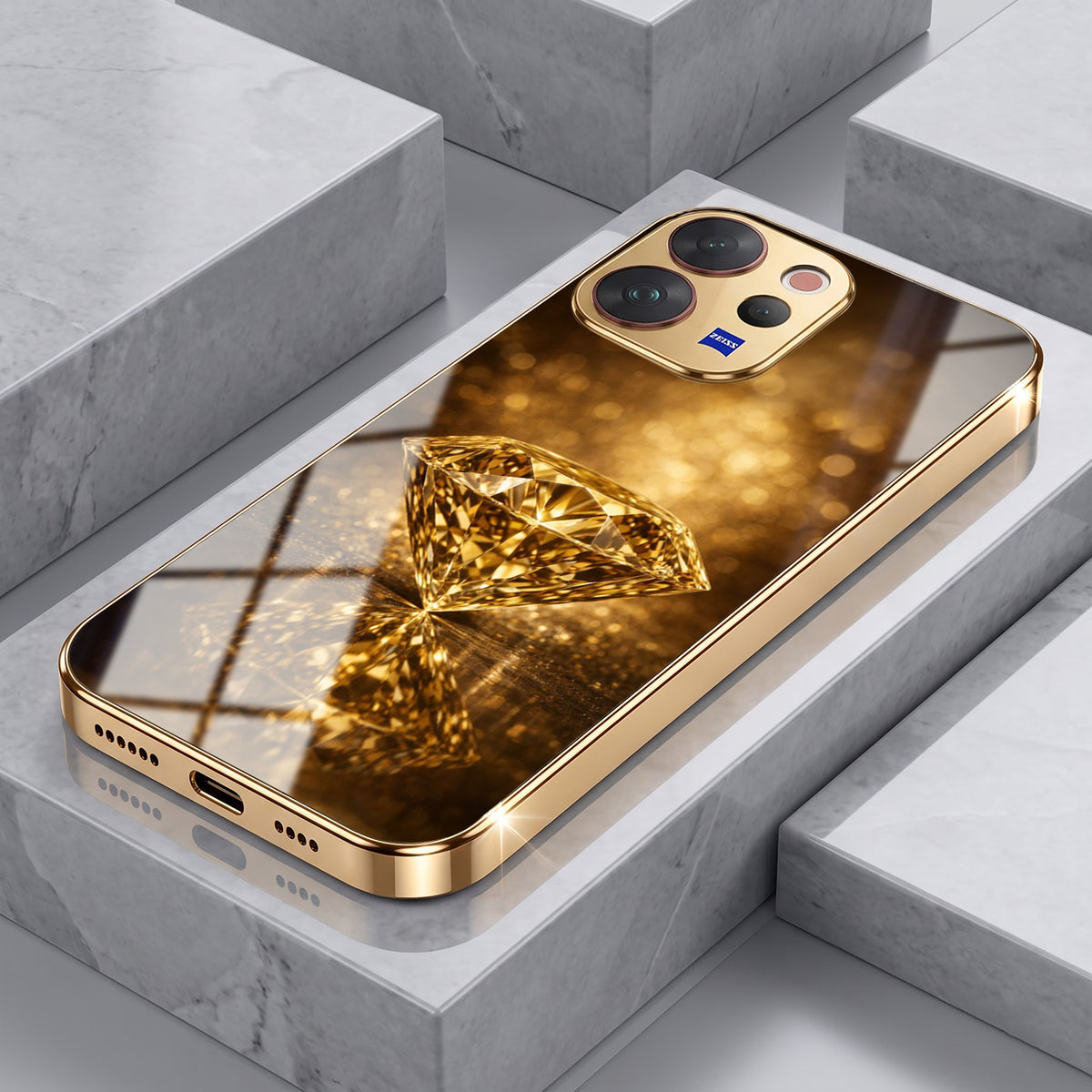 Vivo V70 5G Golden Diamond Gold Electroplated Glass Phone Back Case