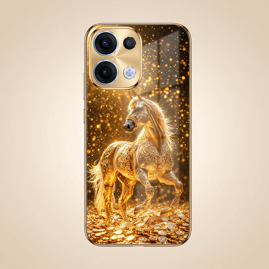 Oppo Reno 13 5G Golden Horse Sparkle Gold Electroplated Glass Phone Back Case