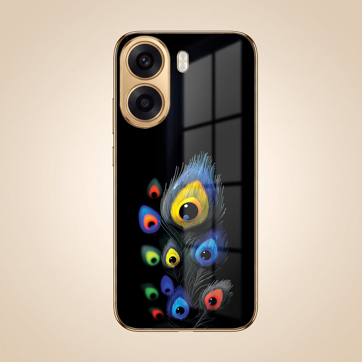 Oppo K14x 5G Multi-Feather Peacock Gold Electroplated Glass Phone Back Case