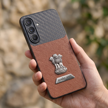 Samsung Galaxy A37 5G Satyamev Jayate 2-in-1 Emblem Carbon Fiber Leather Phone Case