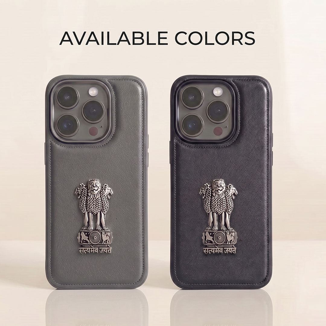 iPhone 14 Series 5G Skin Feel Leather Metal Satyamev Jayate Emblem Case