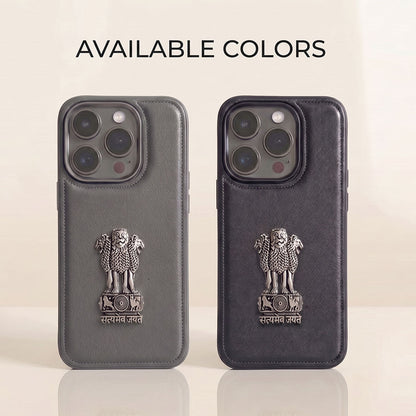 iPhone 14 Series 5G Skin Feel Leather Metal Satyamev Jayate Emblem Case