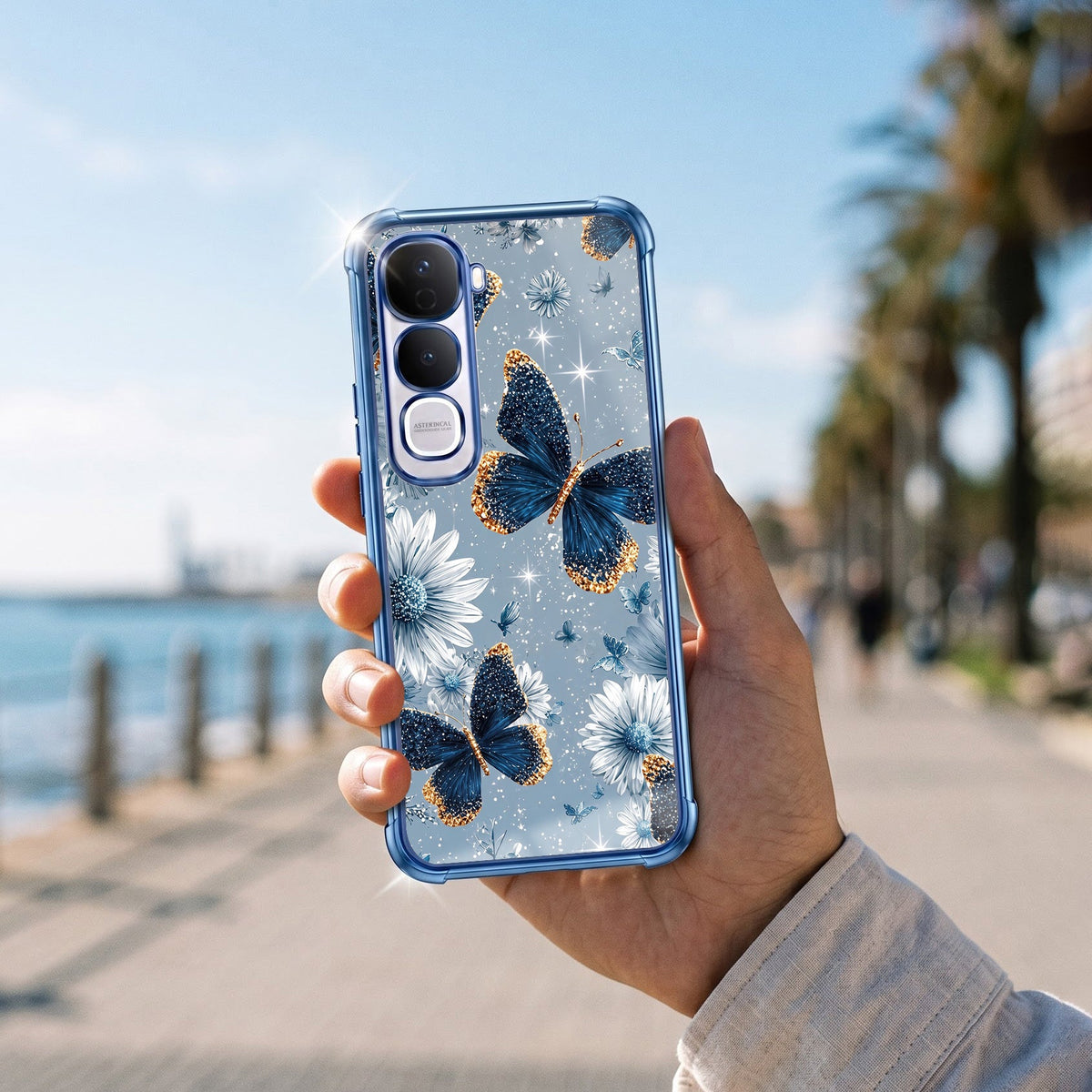 Vivo Y400 Pro 5G Blue Butterfly Floral Airbags Printed Back Case
