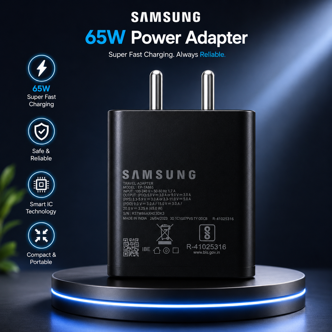 Samsung 65W Fast Charging Adapter with C to C Cable