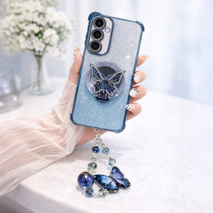 Samsung Galaxy A36 5G Shockproof Shimmer Butterfly Stand Case with Charm Strap